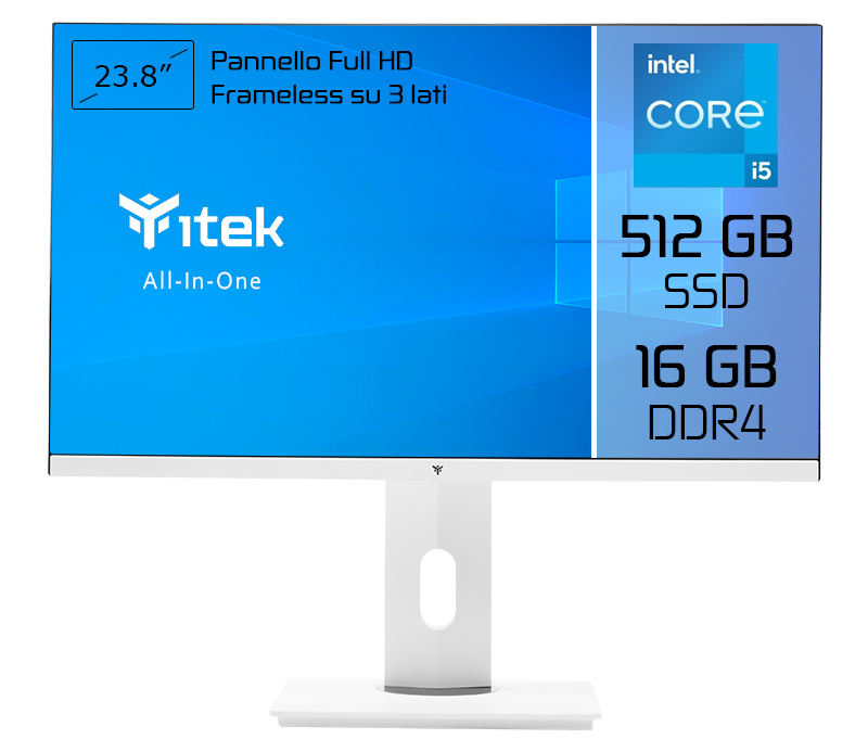 ITEK AIO 23.8" FHD, i5-11400, 16DDR4, 512SSD NVME,NO OS, HAS, WiFi, BT, Speaker, Cam, Mouse...