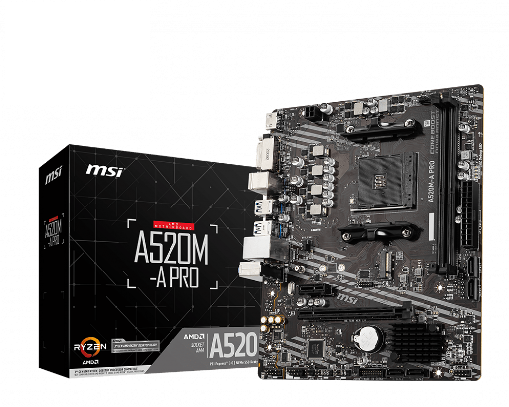 MSI MB AMD A520, A520M-A PRO AM4 2DDR4 11PCI-Ex16, 1M2, 4SATA3, 6USB3